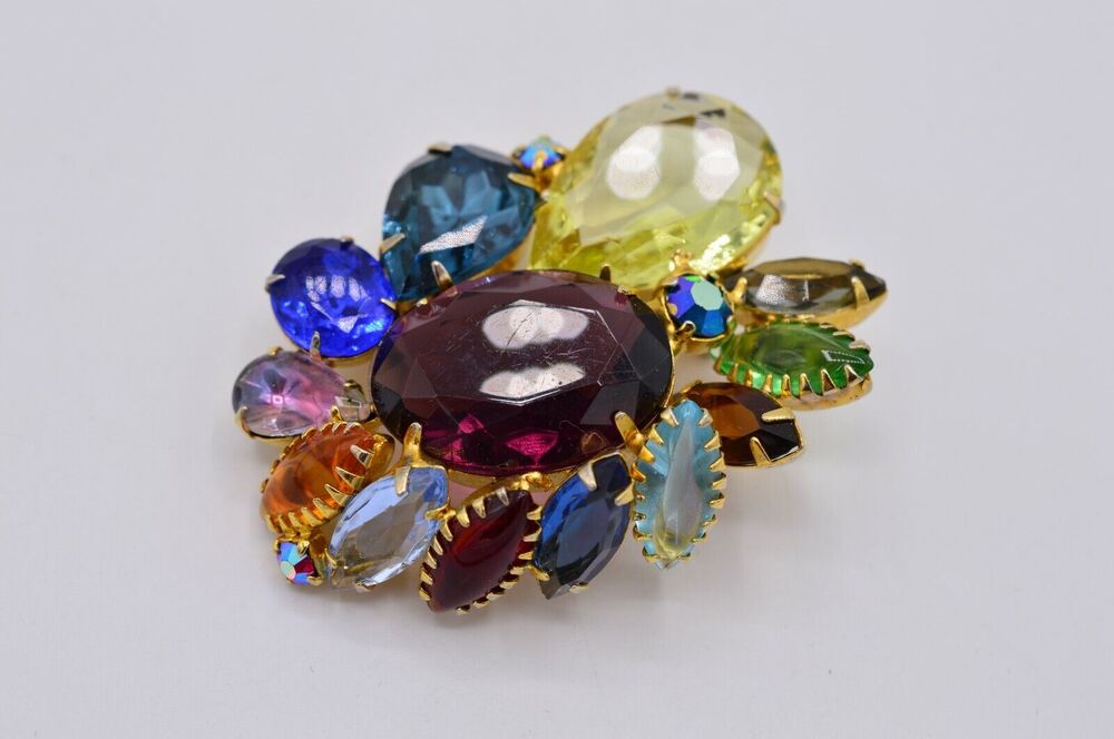 Vintage Cabochon Crystal Pin Brooch Multi-Color Gold Chunky Sparkling BinJ